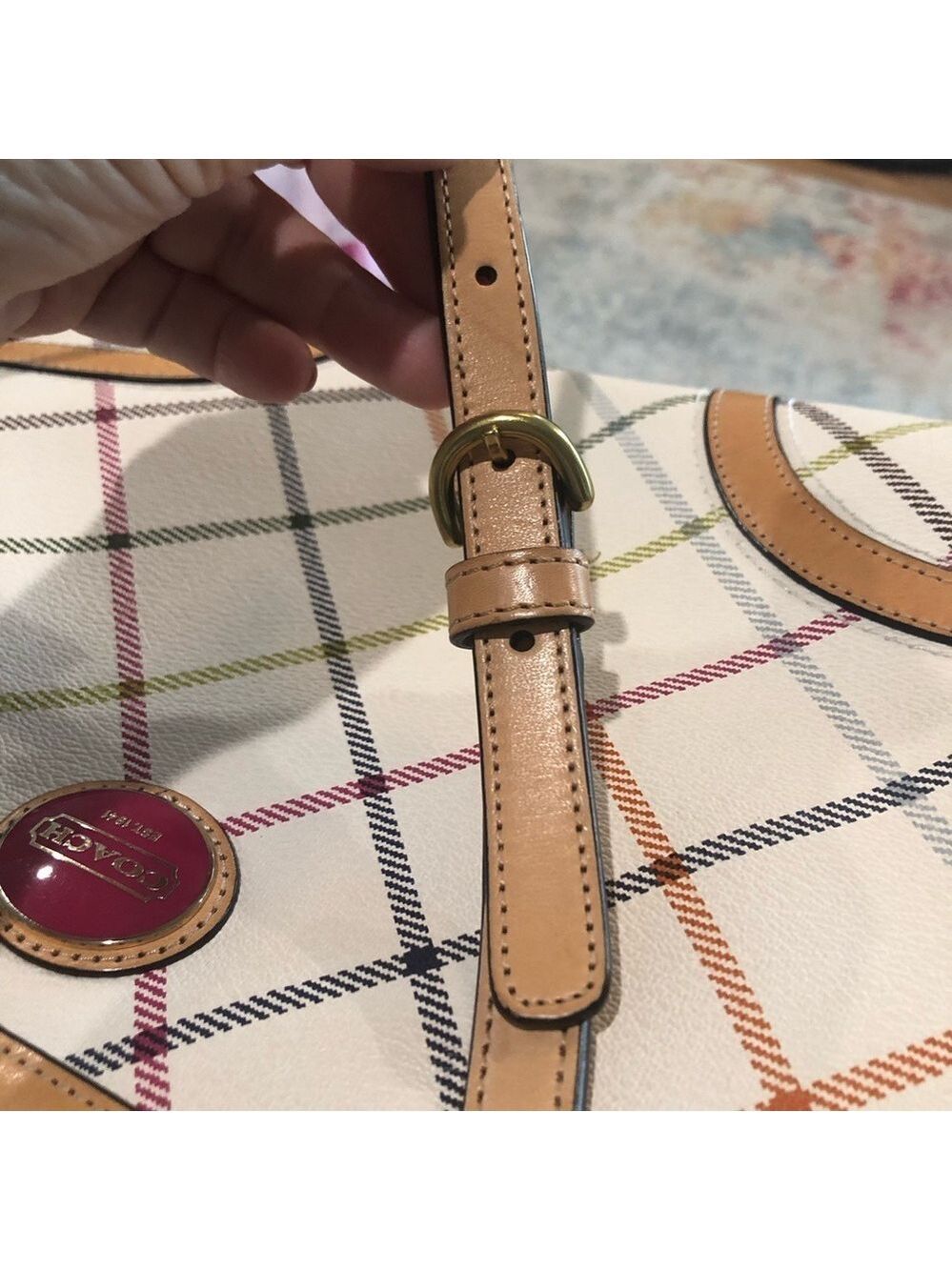Coach Factory Peyton diagonal tattersall plaid shoulder crossbody zipper close - Picture 10 of 15